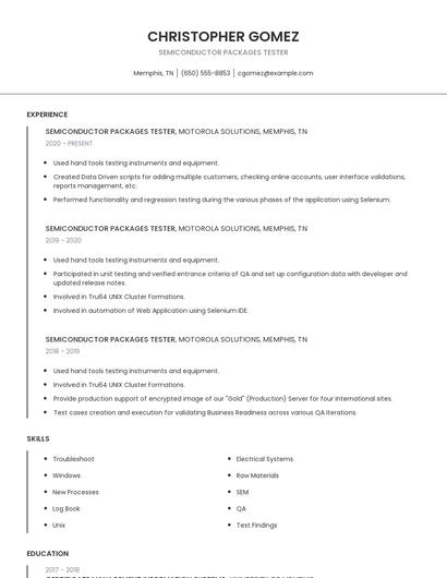 Semiconductor Packages Tester Resume
