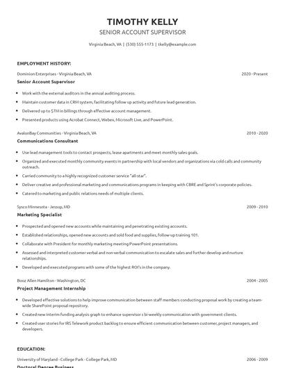 Senior Account Supervisor Resume