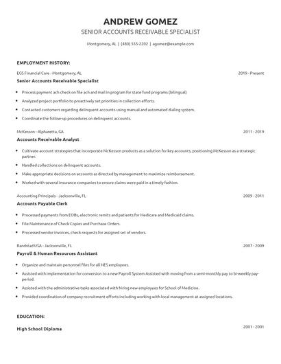 Senior Accounts Receivable Specialist Resume