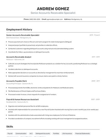 Senior Accounts Receivable Specialist Resume
