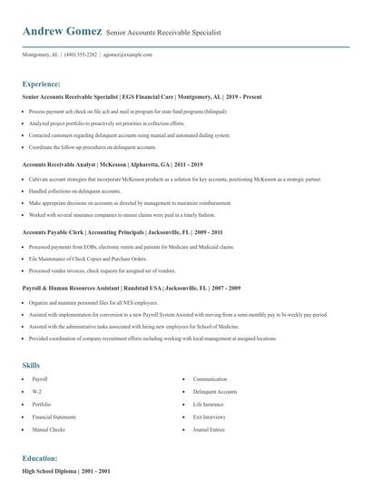 Senior Accounts Receivable Specialist Resume