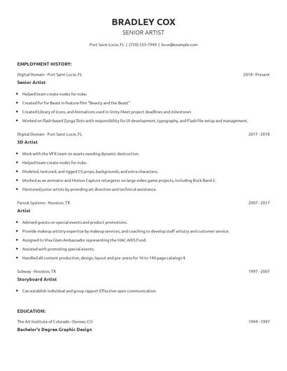 Senior Artist Resume