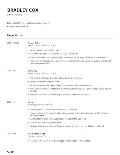 Senior Artist Resume