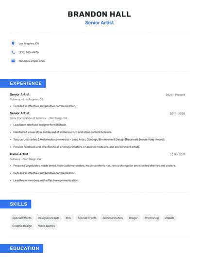 Senior Artist Resume