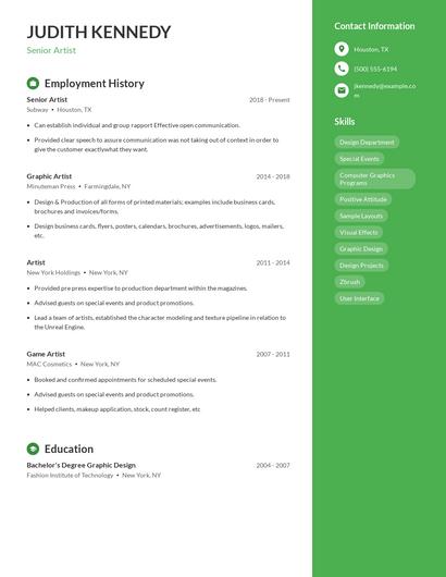 Senior Artist Resume