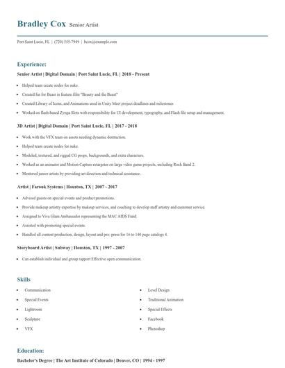 Senior Artist Resume