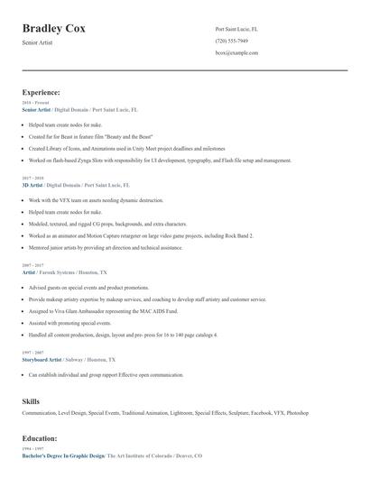 Senior Artist Resume
