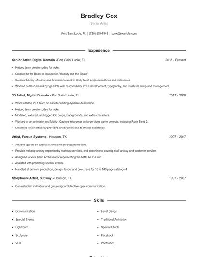 Senior Artist Resume