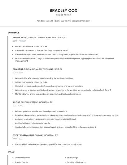 Senior Artist Resume