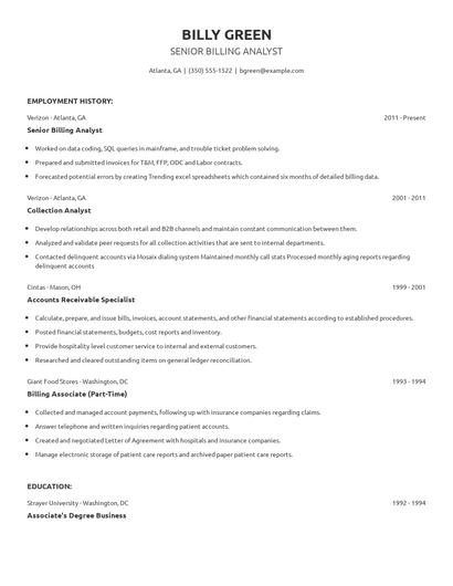 Senior Billing Analyst Resume
