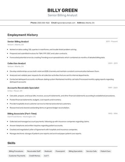 Senior Billing Analyst Resume
