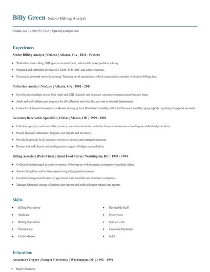 Senior Billing Analyst Resume