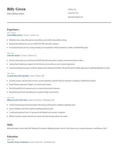 Senior Billing Analyst Resume