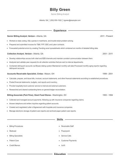 Senior Billing Analyst Resume