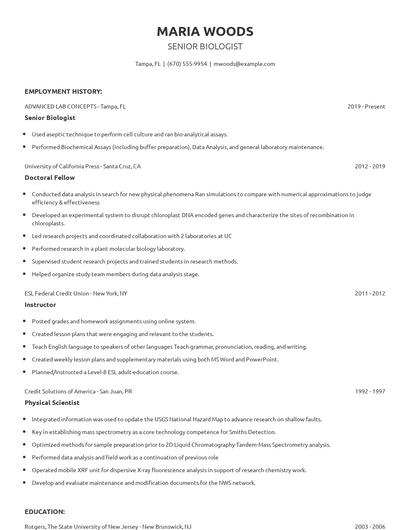 Senior Biologist Resume