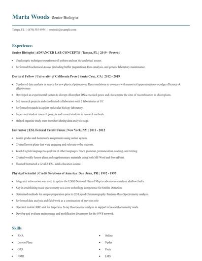 Senior Biologist Resume