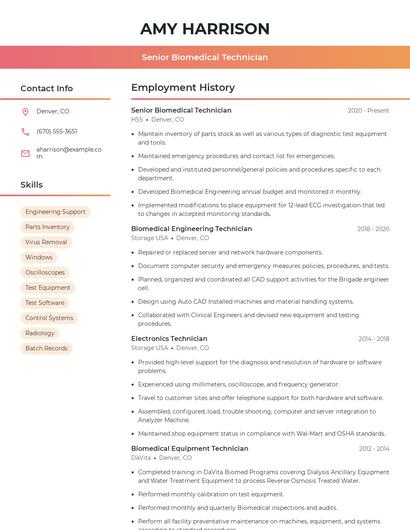 Senior Biomedical Technician Resume