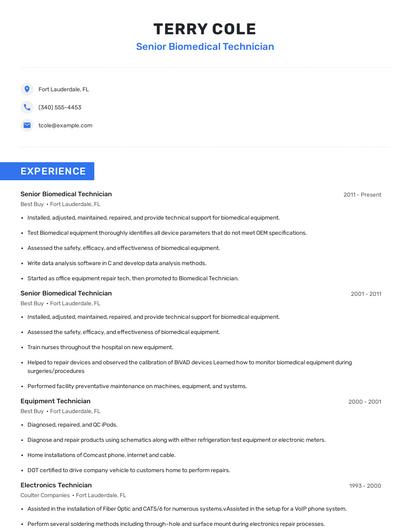 Senior Biomedical Technician Resume