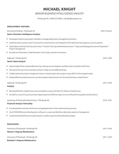 Senior Business Intelligence Analyst Resume