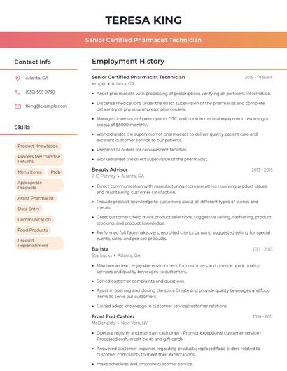 Senior Certified Pharmacist Technician Resume