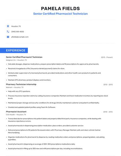 Senior Certified Pharmacist Technician Resume
