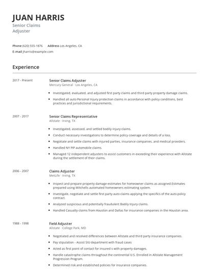 Senior Claims Adjuster Resume