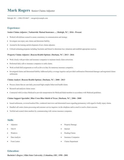 Senior Claims Adjuster Resume