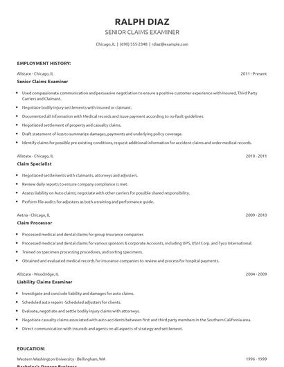 Senior Claims Examiner Resume