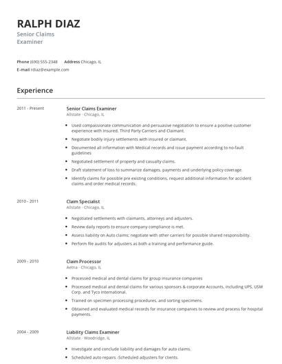 Senior Claims Examiner Resume