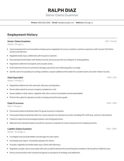 Senior Claims Examiner Resume