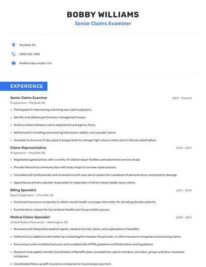 Senior Claims Examiner Resume