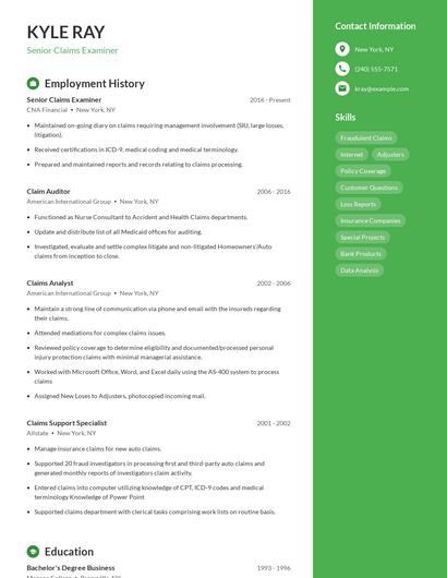 Senior Claims Examiner Resume