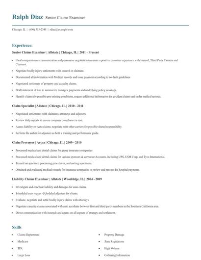 Senior Claims Examiner Resume