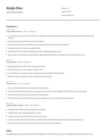 Senior Claims Examiner Resume