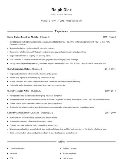 Senior Claims Examiner Resume