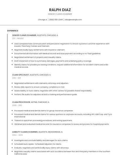 Senior Claims Examiner Resume