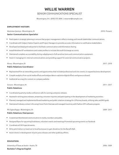 Senior Communications Specialist Resume