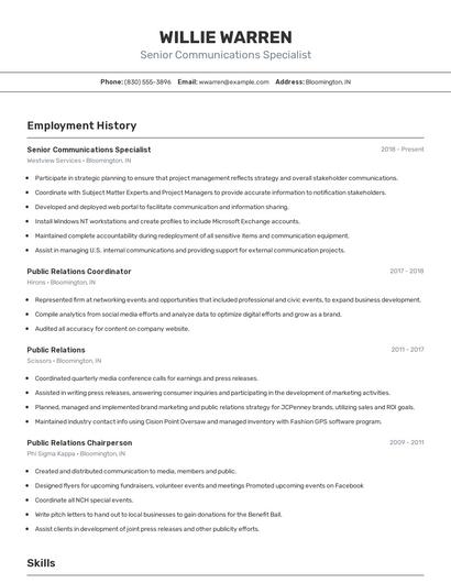 Senior Communications Specialist Resume
