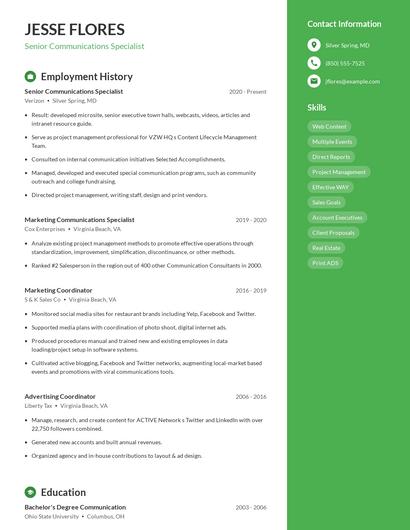 Senior Communications Specialist Resume