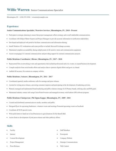 Senior Communications Specialist Resume