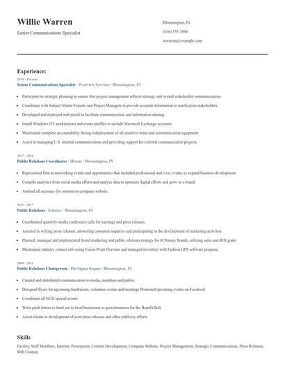 Senior Communications Specialist Resume