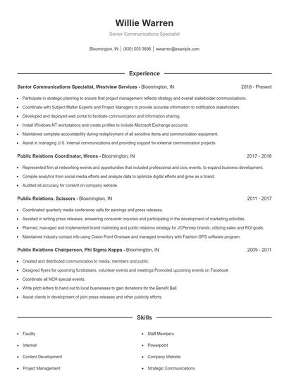Senior Communications Specialist Resume