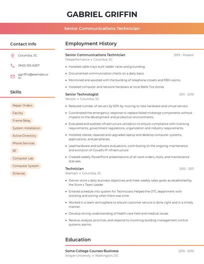 Senior Communications Technician Resume