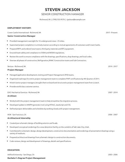 Senior Construction Manager Resume