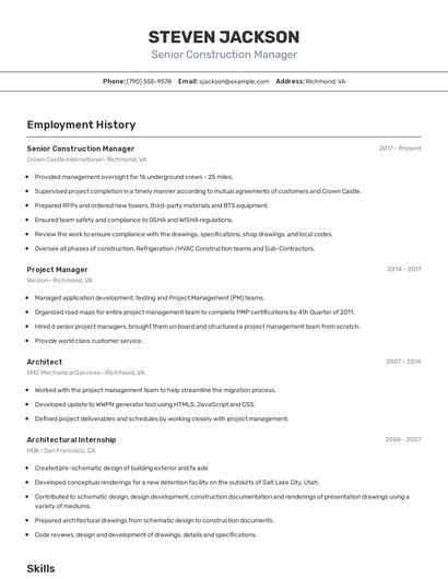 Senior Construction Manager Resume