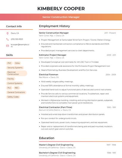Senior Construction Manager Resume