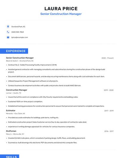 Senior Construction Manager Resume