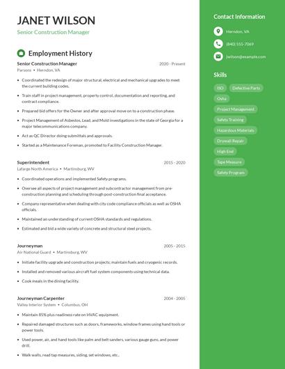 Senior Construction Manager Resume