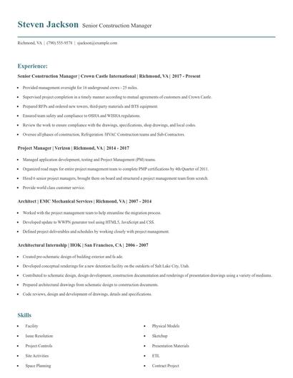 Senior Construction Manager Resume