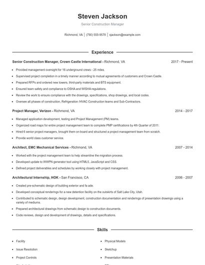 Senior Construction Manager Resume